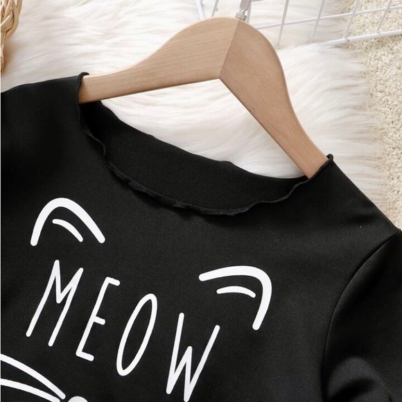 2pc Girl “Meow” Outfit With Belt | Black and White Stripes - Picture 2 of 12